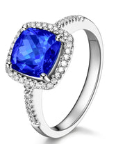 2 Carat cushion cut Blue Sapphire and Moissanite Diamond Halo Engagement Ring in White Gold