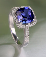 2 Carat cushion cut Blue Sapphire and Moissanite Diamond Halo Engagement Ring in White Gold