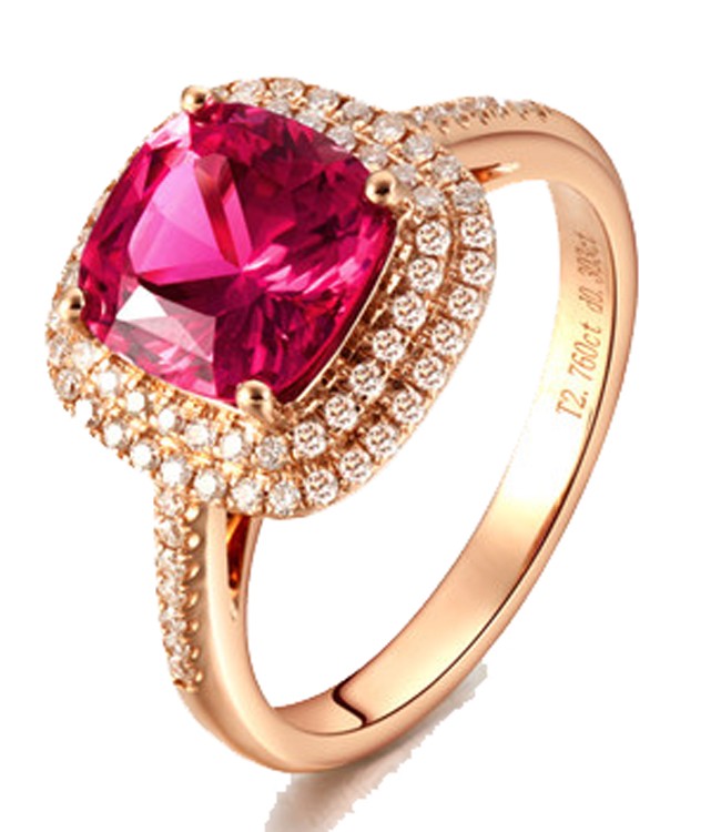 2 Carat cushion cut Ruby and Moissanite Diamond Halo Engagement Ring in Yellow Gold