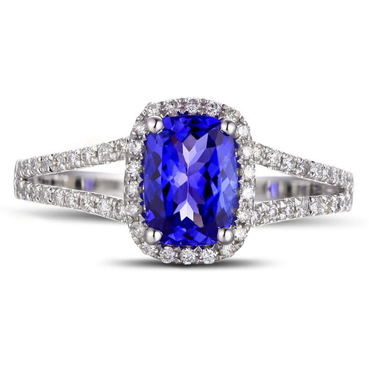 2 Carat cushion cut Sapphire and Moissanite Diamond Halo Engagement Ring in White Gold