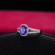 2 Carat cushion cut Sapphire and Moissanite Diamond Halo Engagement Ring in White Gold