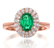 2 Carat Emerald and Moissanite Diamond Halo Engagement Ring in Rose Gold