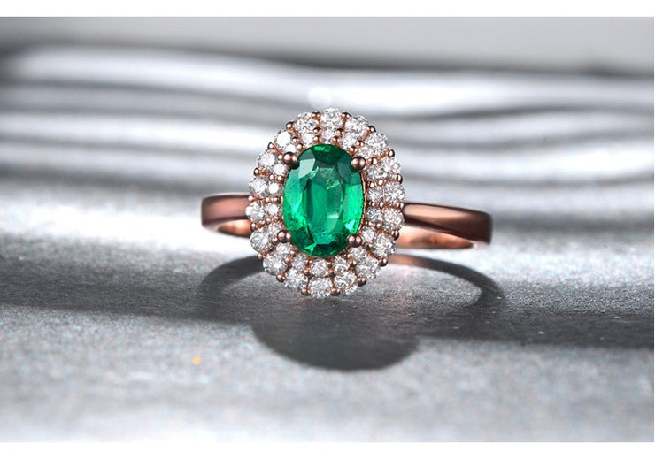 2 Carat Emerald and Moissanite Diamond Halo Engagement Ring in Rose Gold