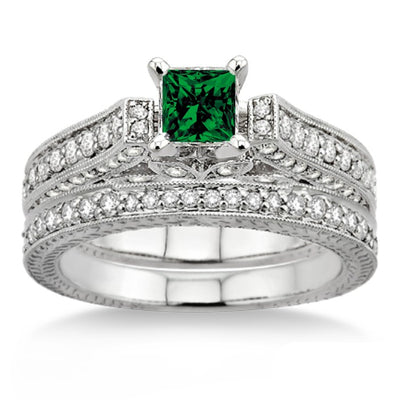 2 Carat Emerald 2.10 Carat Emerald Antique Bridal Set Engagement Ring on 10k White Gold