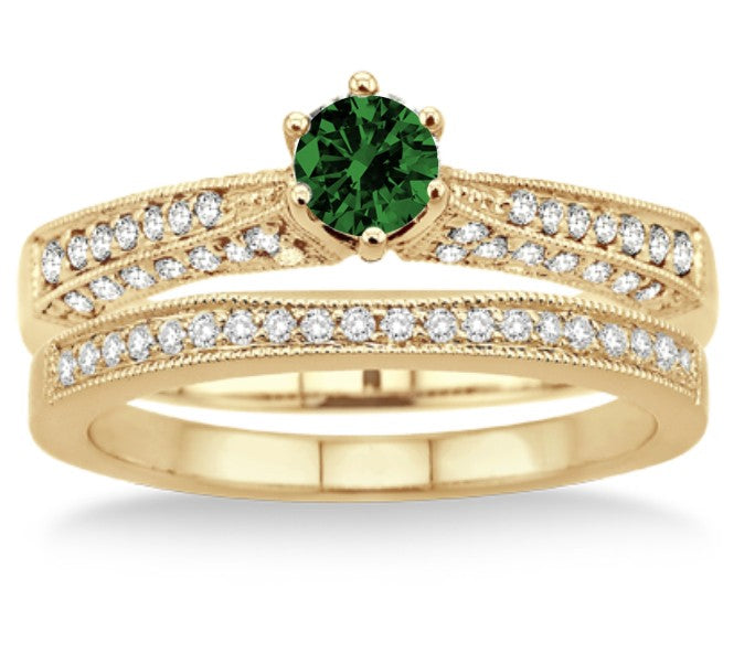 2 Carat Emerald Antique Bridal Set Engagement Ring on 10k Yellow Gold