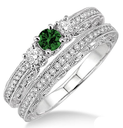 2 Carat Emerald Antique Bridal set on 10k White Gold