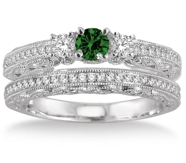 2 Carat Emerald Antique Bridal set on 10k White Gold