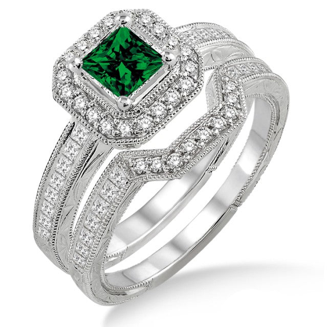 2 Carat Emerald Antique Halo Bridal set on 10k White Gold