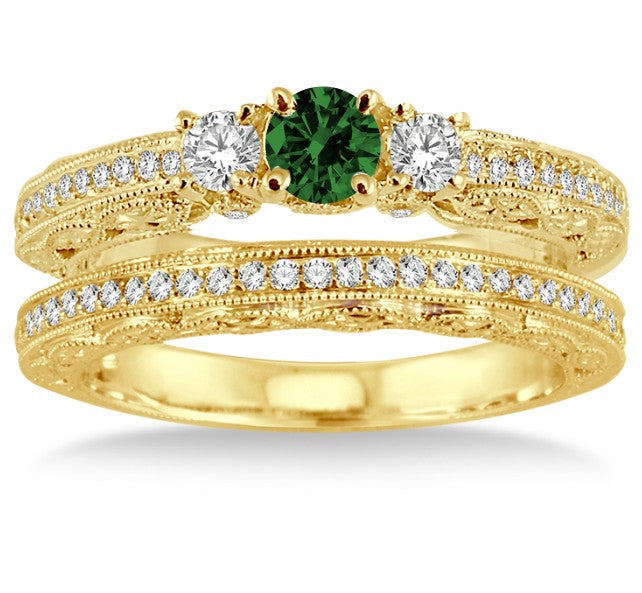 2 Carat Emerald Antique Milgrain Bridal set on 10k Yellow Gold