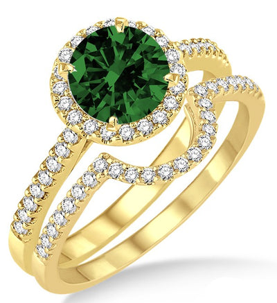 2 Carat Emerald Halo Bridal Set Engagement Ring on 10k Yellow Gold