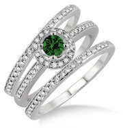 2 Carat Emerald Trio set Halo Ring on 10k White Gold