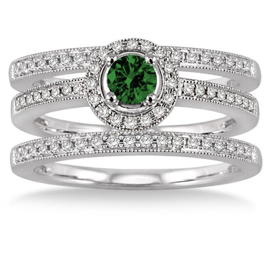 2 Carat Emerald Trio set Halo Ring on 10k White Gold