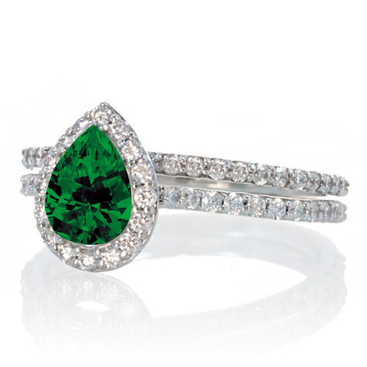 2 Carat Pear Cut Emerald Halo Bridal Set for Woman on 10k White Gold