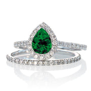 2 Carat Pear Cut Emerald Halo Bridal Set for Woman on 10k White Gold