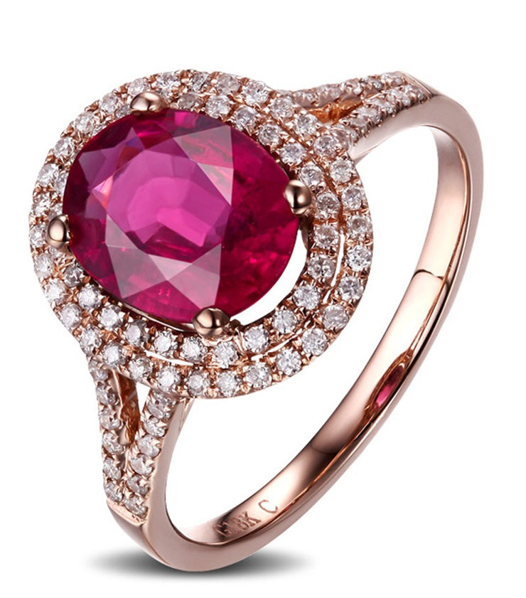 2 Carat Ruby and Moissanite Diamond Halo Engagement Ring in Rose Gold for Women