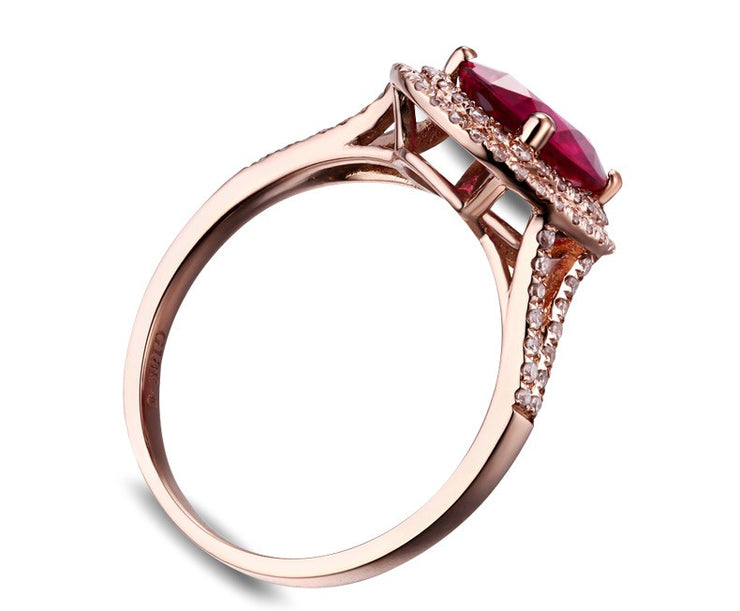 2 Carat Ruby and Moissanite Diamond Halo Engagement Ring in Rose Gold for Women