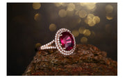 2 Carat Ruby and Moissanite Diamond Halo Engagement Ring in Rose Gold for Women