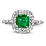 2 Carat princess cut Emerald and Moissanite Diamond Double Halo Engagement Ring in White Gold