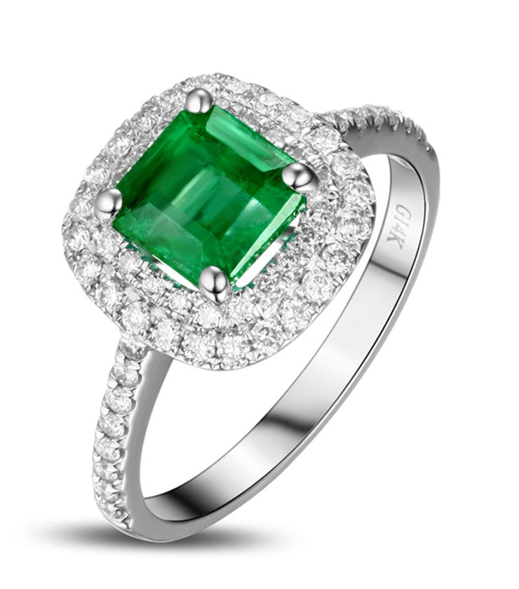 2 Carat princess cut Emerald and Moissanite Diamond Double Halo Engagement Ring in White Gold