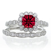 2 Carat Ruby and Moissanite Diamond Halo Bridal Ring Set on 10k Rose Gold