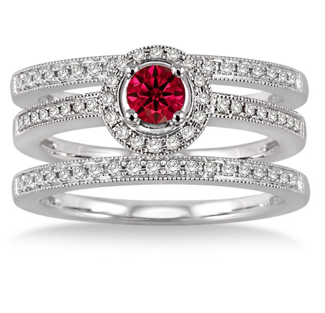 2 ct Ruby Trio set Halo Ring on 10k White Gold