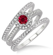 2 ct Ruby Trio set Halo Ring on 10k White Gold