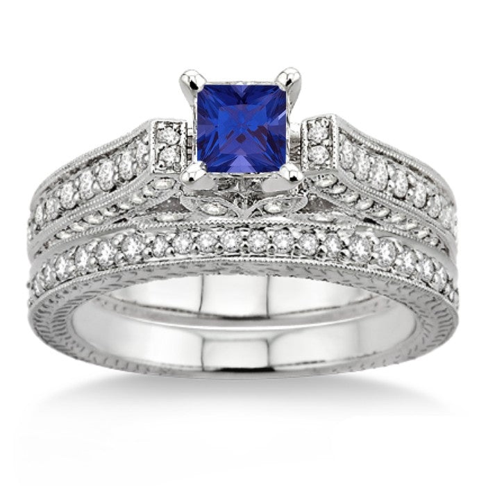 2 Carat Sapphire and Moissanite Diamond Antique Bridal Set Engagement Ring on 10k White Gold