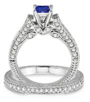 2 Carat Sapphire and Moissanite Diamond Antique Bridal Set Engagement Ring on 10k White Gold