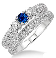 2 Carat Sapphire and Moissanite Diamond Antique Bridal set on 10k White Gold