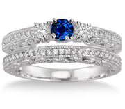 2 Carat Sapphire and Moissanite Diamond Antique Bridal set on 10k White Gold