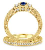 2 Carat Sapphire and Moissanite Diamond Antique Milgrain Bridal set on 10k Yellow Gold
