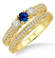 2 Carat Sapphire and Moissanite Diamond Antique Milgrain Bridal set on 10k Yellow Gold