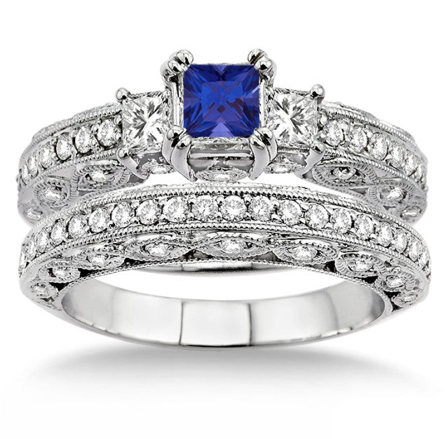 2 Carat Sapphire and Moissanite Diamond Antique Milgrain Trilogy Bridal set on 10k White Gold