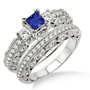 2 Carat Sapphire and Moissanite Diamond Antique Milgrain Trilogy Bridal set on 10k White Gold