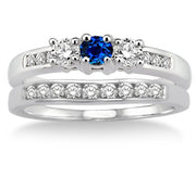 2 Carat Sapphire and Moissanite Diamond Elegant Three Stone Trilogy Round Cut Bridal set on 10k White Gold