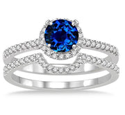 2 Carat Sapphire and Moissanite Diamond Halo Bridal Set Engagement Ring on 10k White Gold