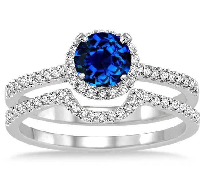 2 Carat Sapphire and Moissanite Diamond Halo Bridal Set Engagement Ring on 10k White Gold