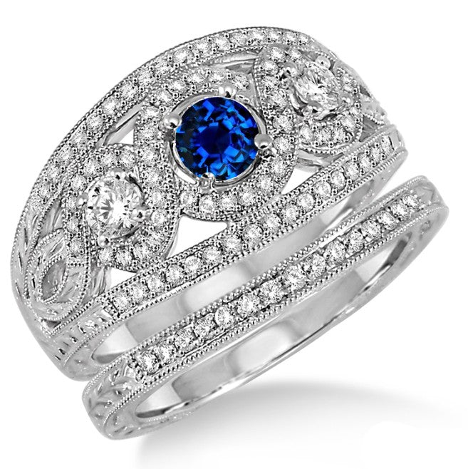 2 Carat Sapphire and Moissanite Diamond Trilogy set Ring on 10k White Gold