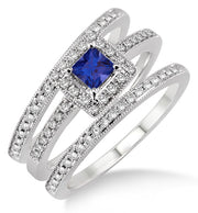 2 Carat Sapphire and Moissanite Diamond Trio set Halo Ring on 10k White Gold