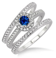 2 Carat Sapphire Trio set Halo Ring on 10k White Gold