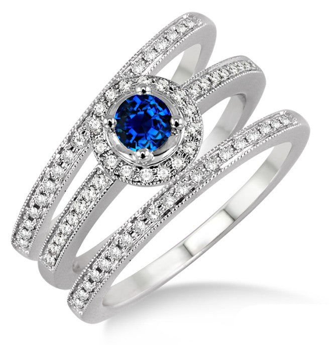 2 Carat Sapphire Trio set Halo Ring on 10k White Gold