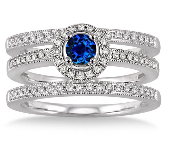 2 Carat Sapphire Trio set Halo Ring on 10k White Gold