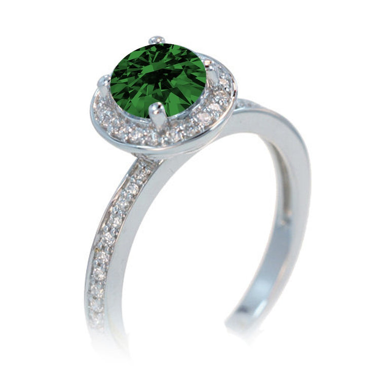 2 Carat Unique Classic Halo Round Emerald and Moissanite Diamond Bridal Ring Set on 10k White Gold