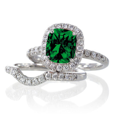 2 Carat Unique Emerald and Moissanite Diamond Bridal Ring Set on 10k White Gold