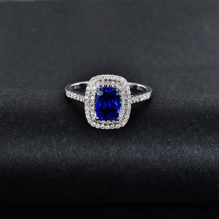 2 Carat Vintage Blue Sapphire and Moissanite Diamond Halo Engagement Ring for Women in White Gold