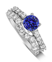 2 Carat Vintage Round cut Blue Sapphire and Moissanite Diamond Wedding Ring Set in White Gold