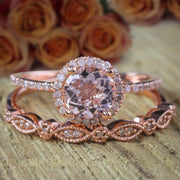 Antique Vintage Design 2 carat Round Morganite Diamond Halo Bridal Wedding Ring Set 