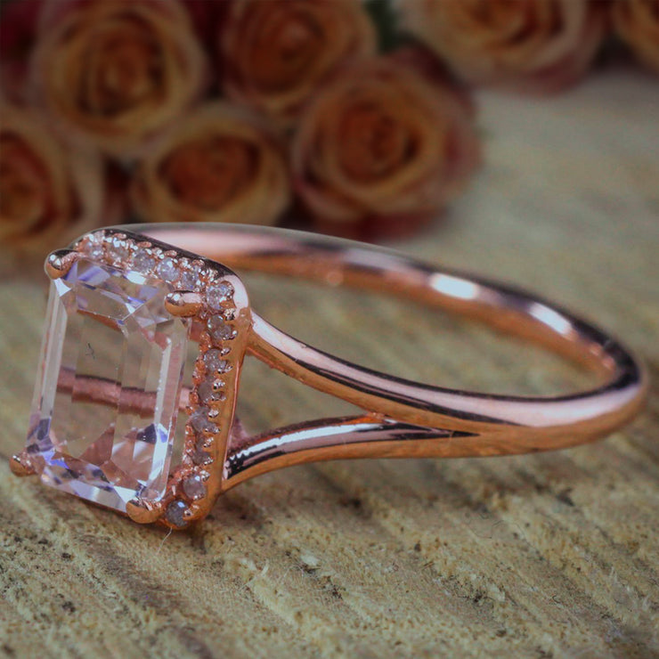 Sale: 1.25 Carat Peach Pink Morganite and Diamond Split Shank Halo Engagement Ring in 10k Rose Gold
