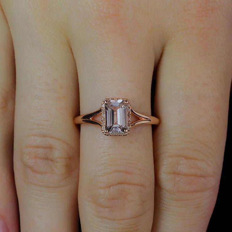 Sale: 1.25 Carat Peach Pink Morganite and Diamond Split Shank Halo Engagement Ring in 10k Rose Gold