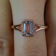 Sale: 1.25 Carat Peach Pink Morganite and Diamond Split Shank Halo Engagement Ring in 10k Rose Gold